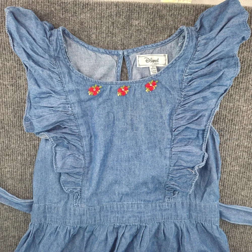 D-Signed Disney Girls Blue Chambray Denim Ruffle Floral Dress Size M 10/12